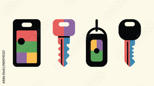 A collection of four stylized keys with different colors and shapes arranged on a light background