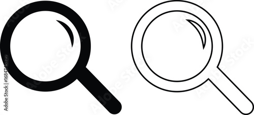 Search icon set collection group in black flat and line style, magnifying glass symbol pack, zoom find explore tool bundle, isolated on transparent background, outline glyph design elements