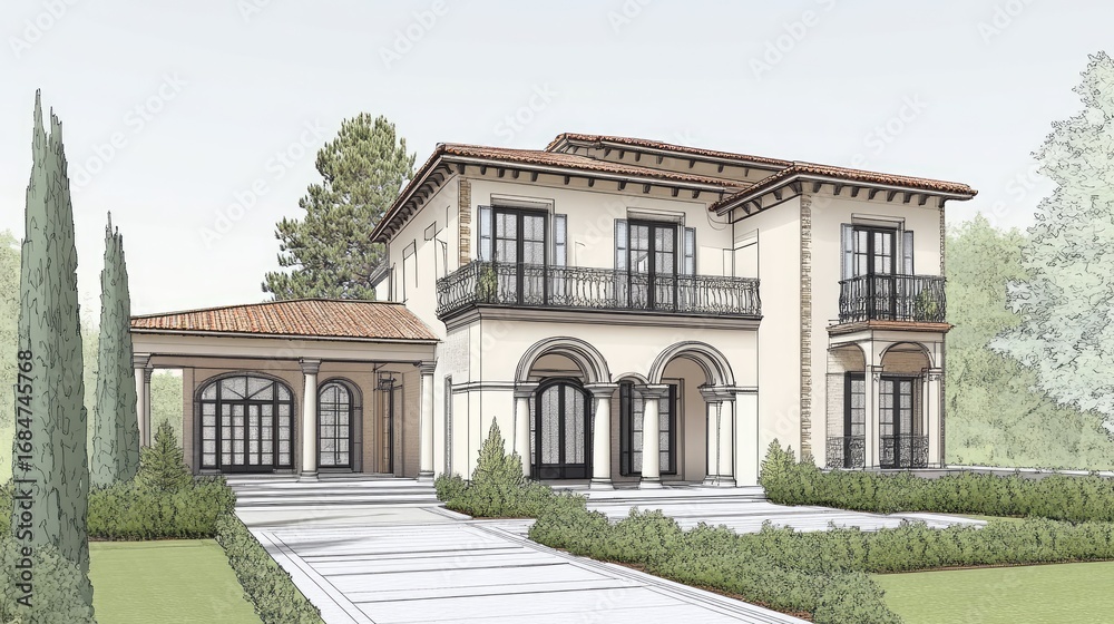 Naklejka premium Mediterranean Villa Architectural Design Rendering