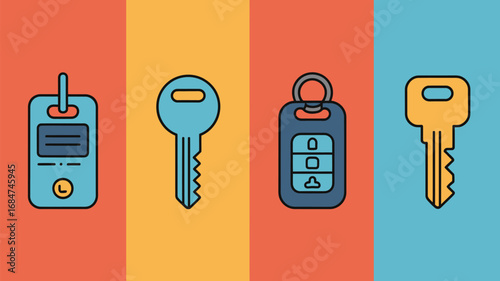 Illustration of four keys including a car key fob and a hotel key card on colorful backgrounds