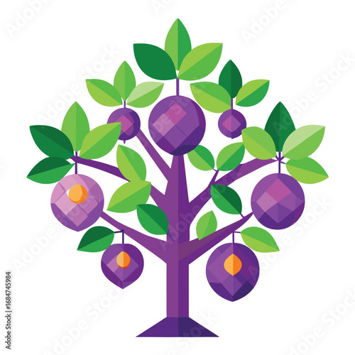 A vibrant plum tree with ripe purple fruits and green leaves, a healthy and detailed illustration on a clean white background, for nature or food themes.