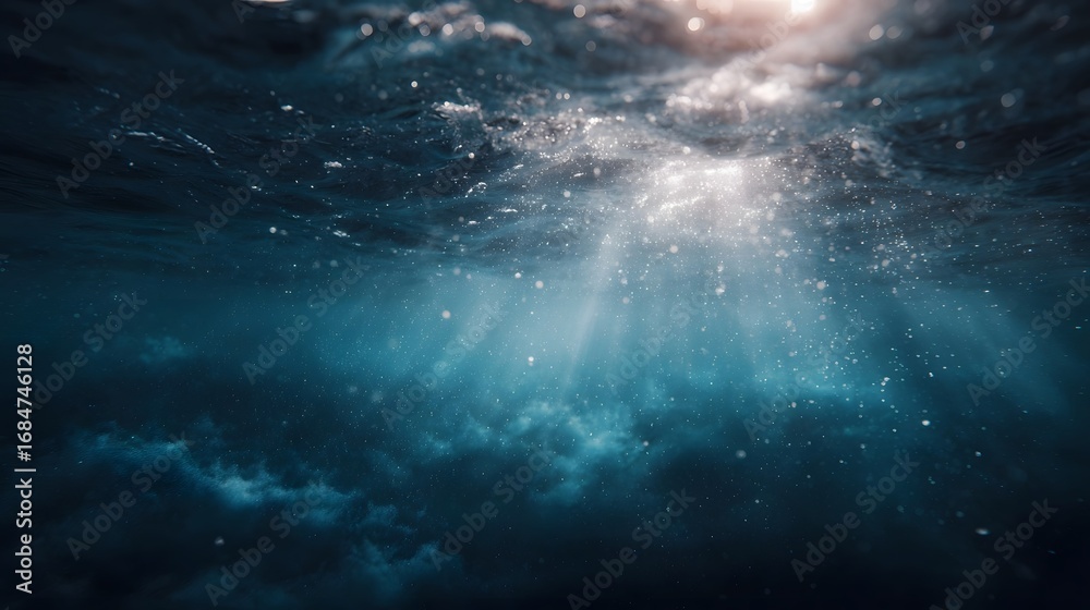 Fototapeta premium Mesmerizing underwater view of bright sunlight piercing through the ocean surface creating ethereal light rays and shimmering particles in the deep