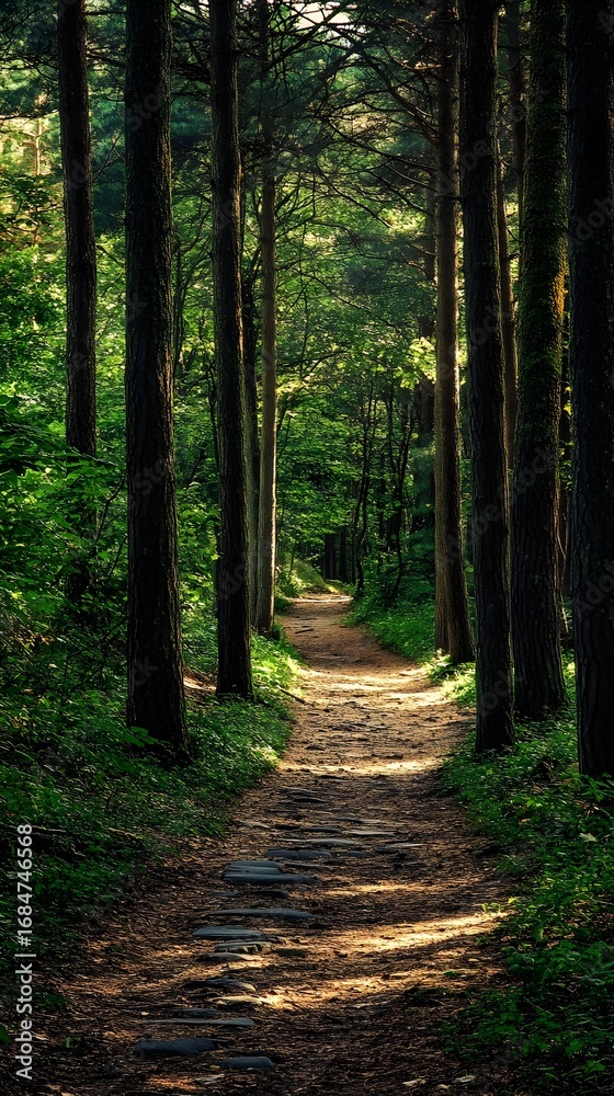 Obraz premium Sunlit Forest Path with Stone Stepping Stones woods