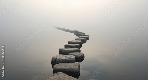 Stepping Stones in a Misty Lake, A Tranquil Path Leading Through Uncertainty.