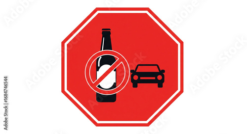 A vector illustration of a don't drink and drive warning sign, featuring a red stop symbol with a prohibited alcohol bottle and car icon for public safety