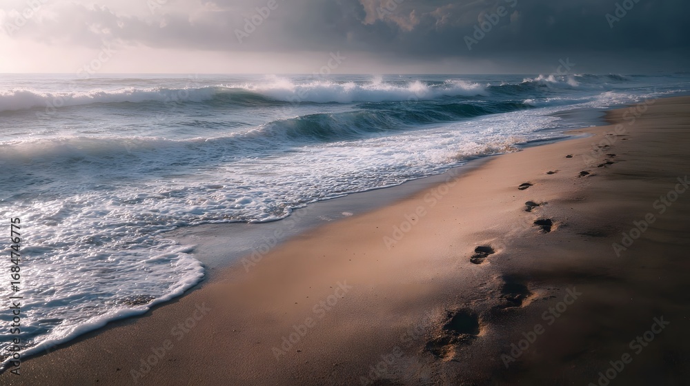 Obraz premium Footprints on a sandy beach with ocean waves gently breaking on the shore under a dramatic cloudy sky at sunrise evoking a peaceful journey
