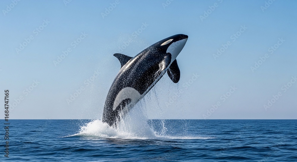 Fototapeta premium Majestic Orca Leaping Out of the Ocean Waters