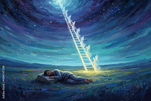 A beautiful illustration of Jacob's Ladder, the biblical story of his divine dream. Angels ascend and descend a stairway to heaven.