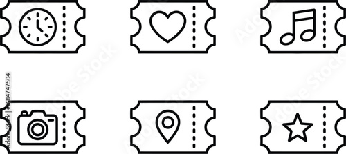 A set of six ticket icons featuring a clock, heart, music note, camera, location pin, and star symbol