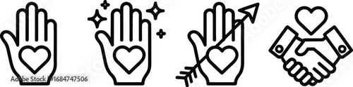 A series of black and white line art illustrations depicting hands and hearts with various symbols