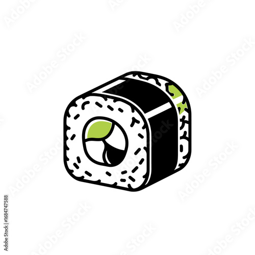A simple cartoon illustration of a single sushi maki roll with green filling, rice, and nori seaweed.