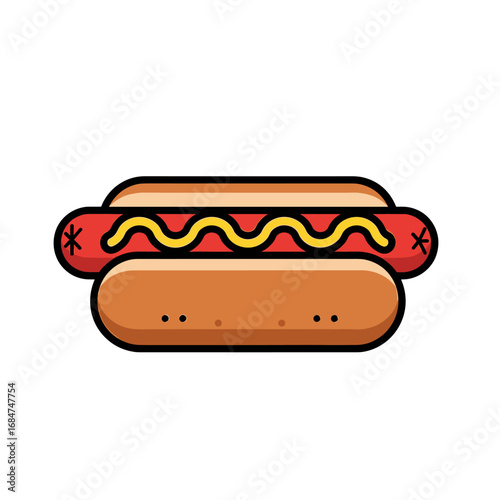 A stylized illustration of a hot dog with mustard in a bun, presented in a clean, flat design.
