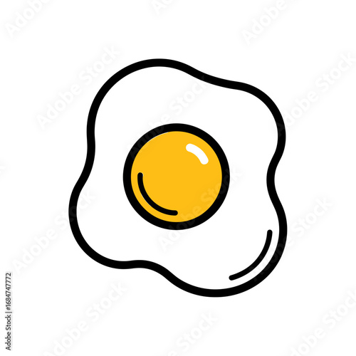 A simple cartoon illustration of a sunny-side up fried egg with a bright yellow yolk and white albumen, outlined in black.