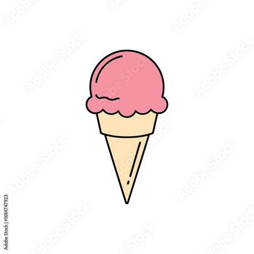 A cartoon illustration of a pink ice cream scoop on a cone.