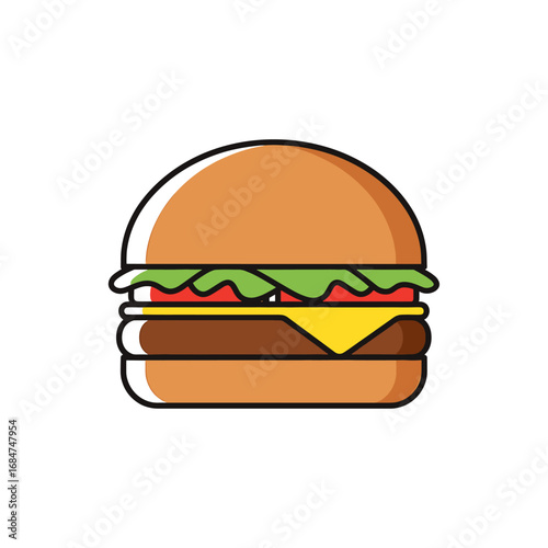 Cartoon drawing of a hamburger with cheese, lettuce, and tomato.