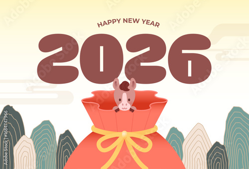 2026 Year of the Horse New Year Illustration with Lucky Bag and Mountains