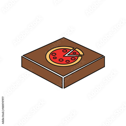 A simple isometric illustration of a pizza box with a slice of pizza inside.