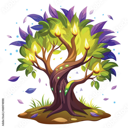 A whimsical fairy tale tree with glowing leaves and mushrooms, a magical and enchanting design, symbolizing fantasy, dreams, and wonder.
