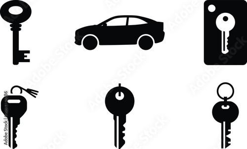 A collection of black and white icons featuring various keys and a silhouette of a car on a white background