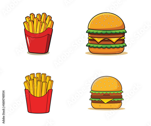 A vibrant cartoon image showcases a fast food meal with two burgers and two servings of french fries. The burgers are stacked high with cheese and lettuce. 