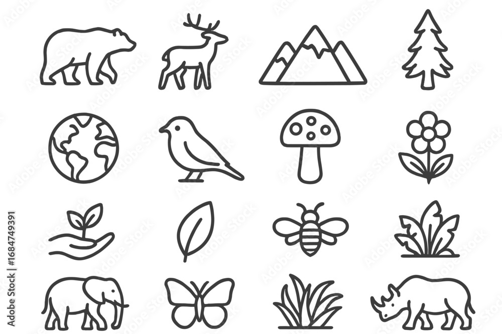 Fototapeta premium Nature and wildlife symbols displayed in a simple line art style for educational purposes