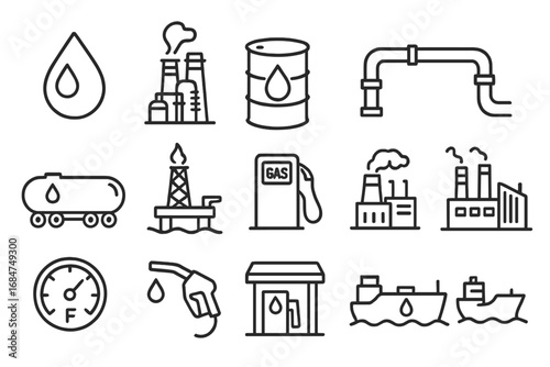 Industrial oil and gas icons illustrating various components and processes related to energy production