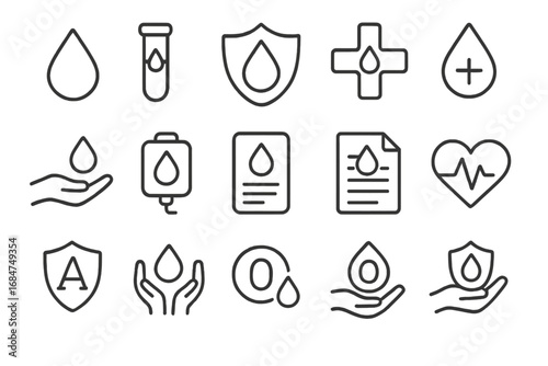 Icons representing health, medical care, and blood donation in a minimalist style, showcasing various elements related to healthcare and wellness