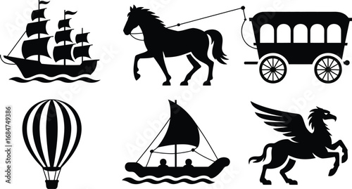 Silhouette illustrations of a sailing ship, horse and carriage, hot air balloon, and a griffin