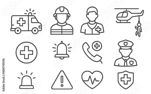 Emergency services icons depicting various first response roles and equipment in a simple line design