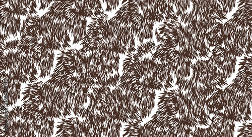 A close-up, abstract view of a textured, furry pattern in shades of brown and white.