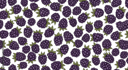 A vibrant, repeating seamless pattern of fresh purple blackberries with green leaves scattered on a white background.