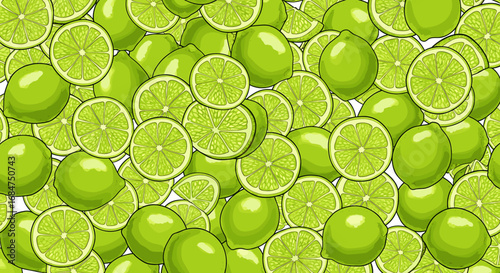 Close-up view of many lime slices and whole limes.