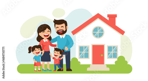 Happy family with two children smiling in front of their home, depicting joy, security, and togetherness. Ideal for real estate, insurance, or family lifestyle.