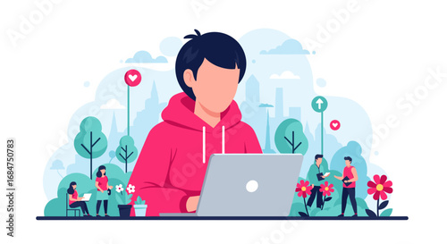 Focused young person working remotely on a laptop in a vibrant urban park, illustrating modern digital lifestyle, productivity, and online connectivity in nature.