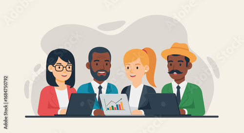 Diverse business team collaborating on financial data and growth strategies using laptops. Ideal for corporate presentations, teamwork, and modern office concepts.