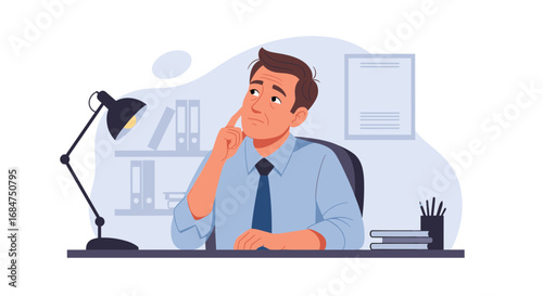 Thoughtful businessman contemplating ideas at his office desk. Perfect for concepts of problem-solving, planning, or decision-making in a professional setting.