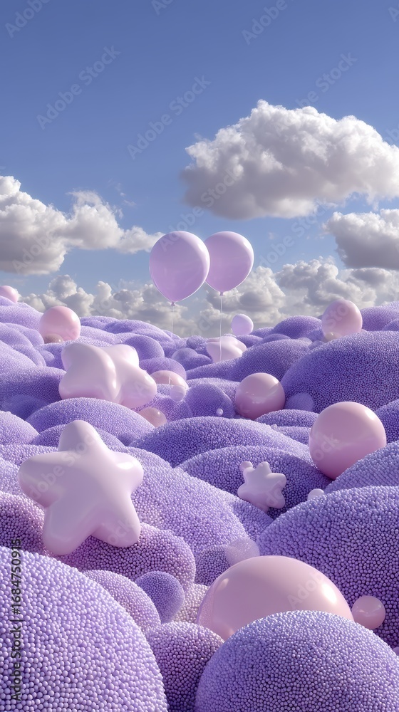 Fototapeta premium Hyper-realistic animation of lavender pearls forming a smooth beaded landscape at dusk