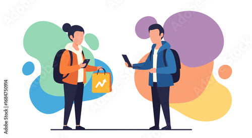 Young man and woman using smartphones, one with a shopping bag showing growth. Illustrates modern mobile commerce, digital lifestyle, and business trends.
