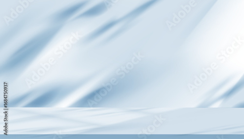 Blue Background,Minimal light blue backdrop and soft light,shadow leaves on stage platform.Vector Studio background for Winter product display,Modern mockup template,Advertising presentation banner