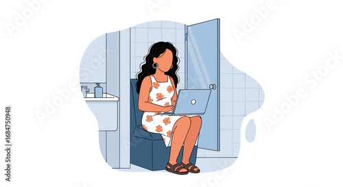 Woman working on laptop while sitting on a toilet, illustrating remote work, work-life integration, and modern multitasking. Casual home productivity concept.