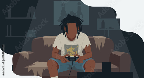 A focused young person engrossed in video games in a dimly lit living room, illustrating modern digital entertainment and casual lifestyle.
