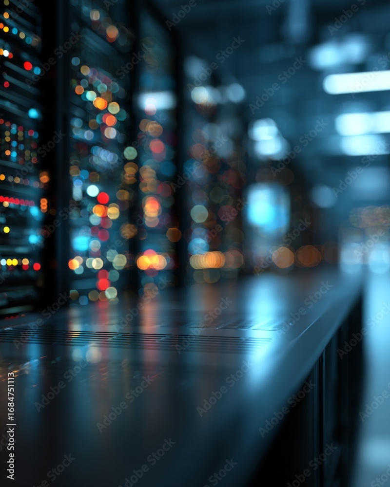 custom made wallpaper toronto digitalGlossy black tabletop in sharp focus with blurred datacenter servers in the background, ideal for AI, IT and technology themes.