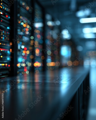 Wallpaper Mural Glossy black tabletop in sharp focus with blurred datacenter servers in the background, ideal for AI, IT and technology themes. Torontodigital.ca