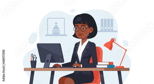 Focused Black businesswoman working diligently at her office desk on a computer, embodying productivity and modern corporate life. Ideal for business and technology themes.