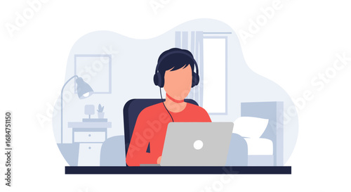 Person with headphones focused on a laptop in a modern home office setting. Ideal for concepts of remote work, online education, or virtual communication.