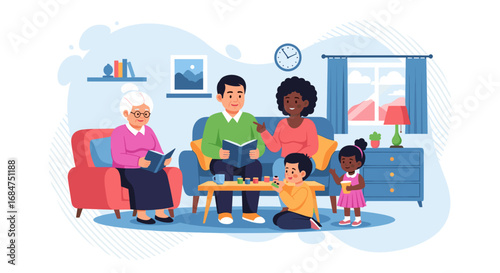 Happy multi-generational family enjoying quality time at home. Parents and grandparent read while children play, showcasing togetherness and learning.