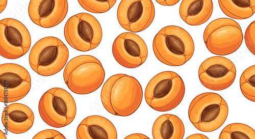 A vibrant, top-down illustration of numerous halved apricots scattered across a clean white background.