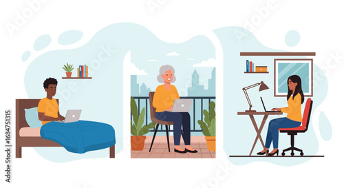 Diverse individuals comfortably working remotely from a bed, a vibrant balcony, and a dedicated home office, highlighting modern work flexibility.