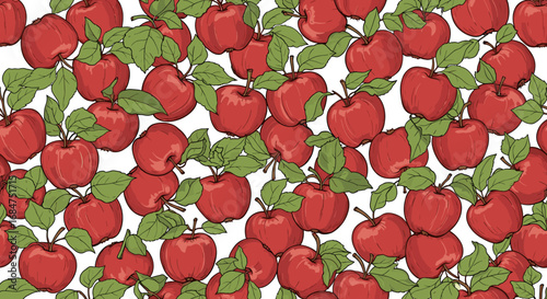 A vibrant, dense pattern of numerous red apples with green leaves scattered randomly on a white background, creating a fresh and fruity visual texture.