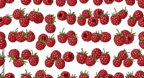 A seamless pattern of ripe, red raspberries with green stems and leaves, presented on a white background.
